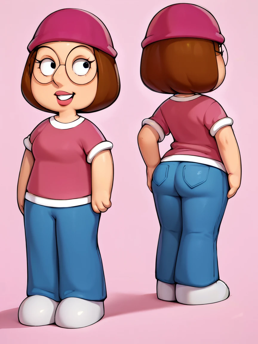 score_9_up,score_8_up,score_6,score_5,score_4, meg, 1girl, glasses,brown hair, solo, short hair, beanie, shirt, pink shirt, pants, round eyewear,looking at viewer, smile, toon \(style\),standing,simple background,hand on hip, back view, ass, spread ass, ass focus, ass zoom in,
