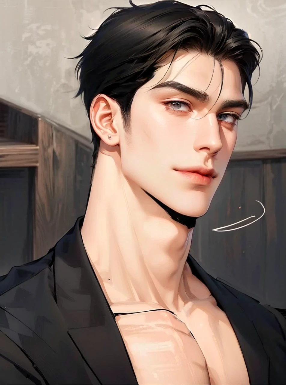 (masterpiece,best quality,ultra_detailed,highres,absurdres),1 mature male, 30-ish, (wide shoulder), ((no chest hair)), male focus, solo, dark black hair ,black eyes, short hair, looking at viewer, realistic, muscular, smile