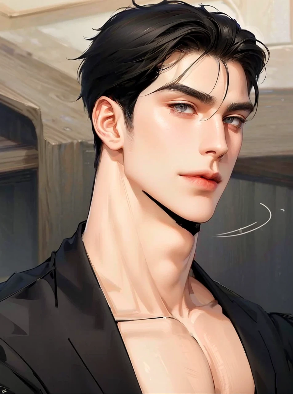 (masterpiece,best quality,ultra_detailed,highres,absurdres),1 mature male, 30-ish, (wide shoulder), ((no chest hair)), male focus, solo, dark black hair ,black eyes, short hair, looking at viewer, realistic, muscular, smile
