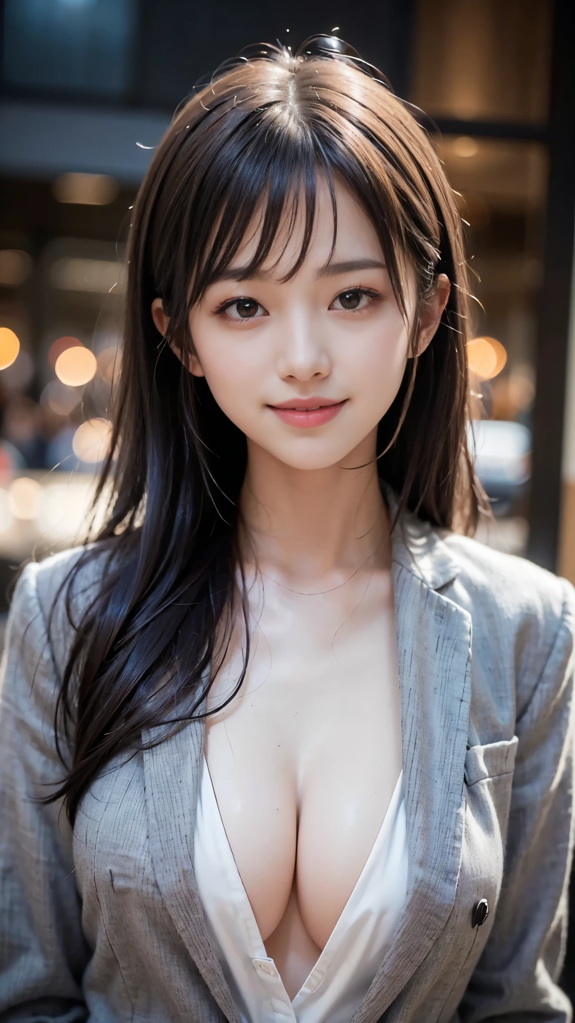 ((highest quality、Masterpiece、High resolution))、(((Zoom photo of upper body)))、One woman、A shy smile、、Large Breasts、Grey blazer、shirt、Black Hair、Trimmed bangs、Straight Hair