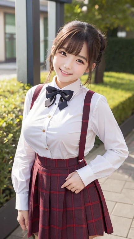 little young girl.................,, in front of the school、Connect to skirt with suspenders、White shirt with long sleeves、Plaid skirt、, , sakimichan,, nice and cute, Innocent smile, , Lovely smile, sakimichan HDRI、 big 、(Beauty Big 1:2) 、 with short bob、Pose cutely , 8 year old , big breasts , red knot , red bow , waistband of skirt is at the point above chest