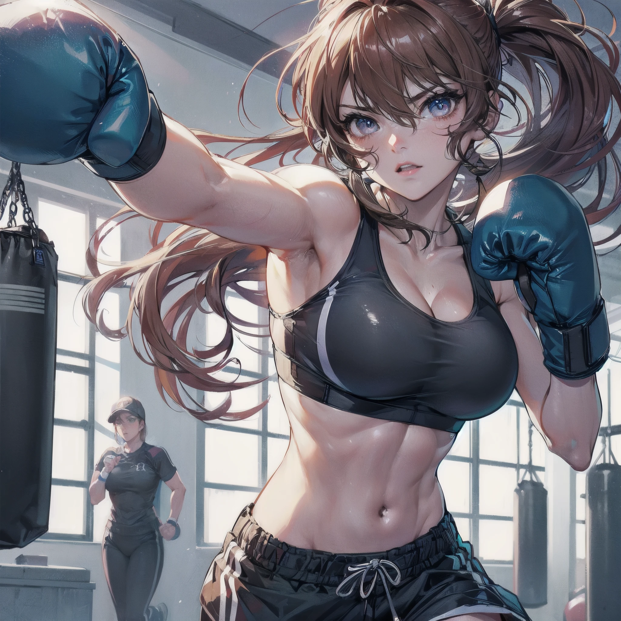 high quality,HD,16k,sharp lines,1 girl,Female boxing athlete ,cute face, large breasts, nice legs,At the boxing venue,focus girl,detailed beautiful face,detailed clothes,beautiful eyes,cool,dynamic angle