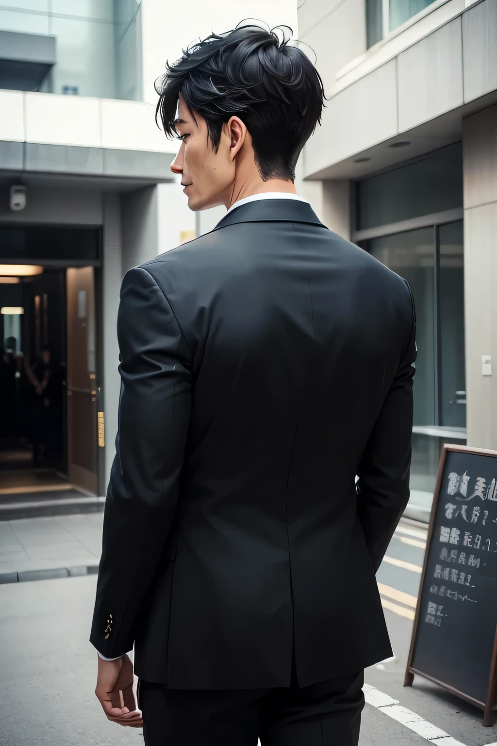 (1 adult male)、(Japanese、45years old,Refreshing、clear、seems kind、stylish、、Beautiful skin,good looking), Good style , ,(Black hair),(cool hair style),(Animated Face)、(Breezy)、(8K、Live shooting、highest quality、masterpiece:1.2、optimal lighting)、((masterpiece)),(Photo taken by a professional photographer),(real、photo real:1.4),break,{ (Cool business suit),(((Dark Suit)))},( Back view) break, break, hospital,Face shot:1.3、looking away, ,standing、Good weather、(((Hospital entrance)))、smile