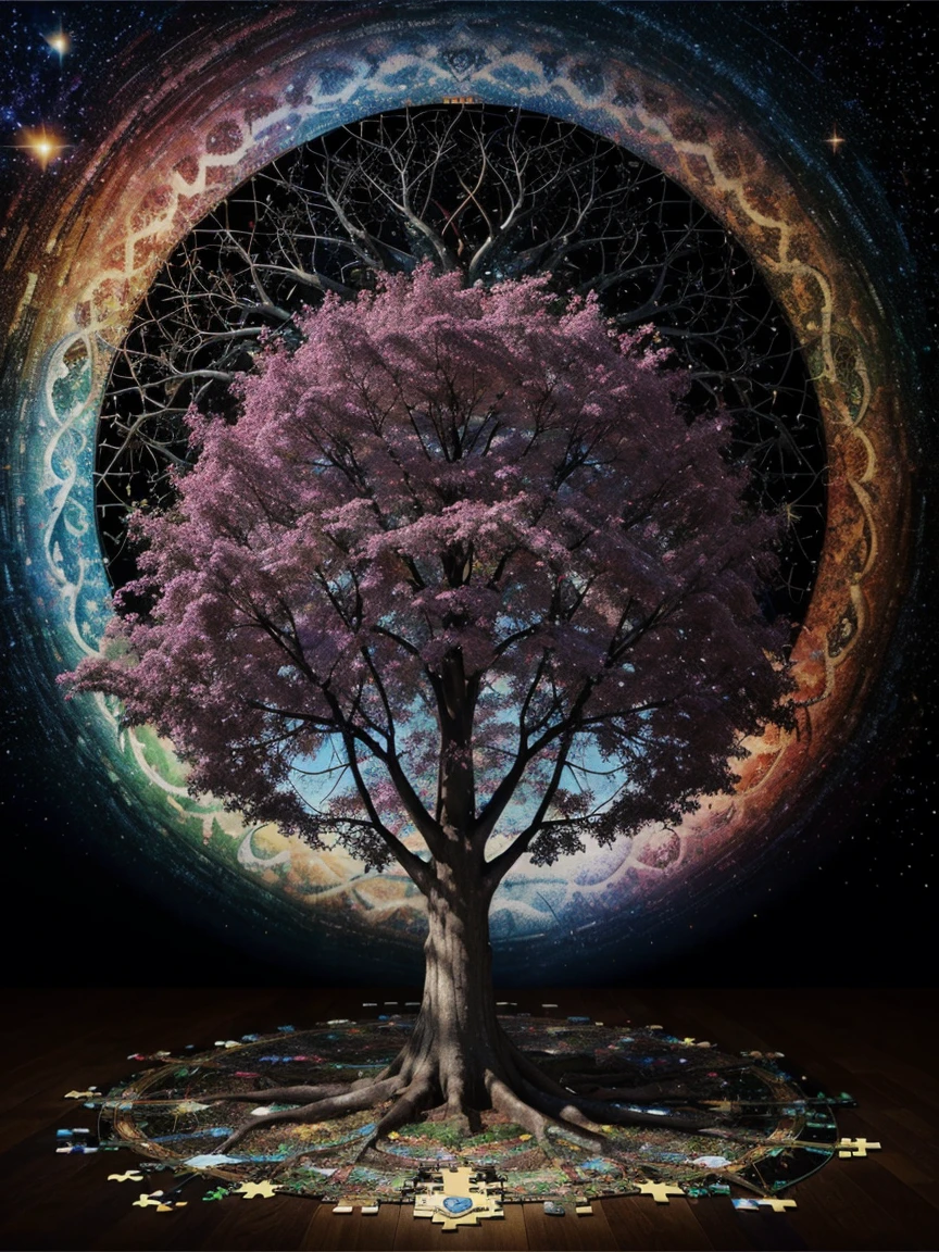 jigsaw puzzle - 100 pieces - tree of life, a jigsaw puzzle by Tom Phillips, pixabay, psychedelic art, puzzle art, puzzle, cosmic tree of life, puzzling, breathtaking masterpiece of art, full subject shown in photo, 2 5 6 x 2 5 6, 256x256, package cover, tree of life, cosmic tree