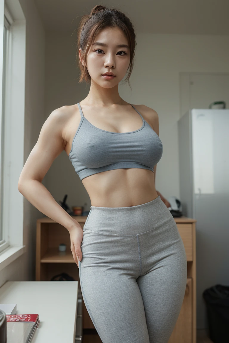 a korean woman, tight pants, short hair, a portrait, tumblr, realism, , gray  blue clothes, , , full body,hair_buns，big_breasts,muscular body