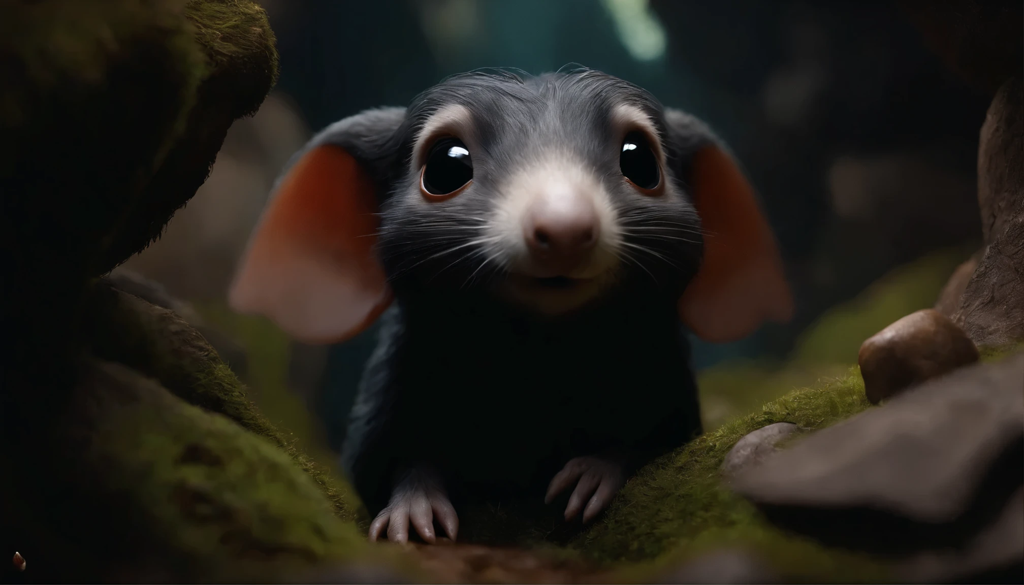 In the cave,Little cute mole, large ears, elongated nose,, silver wool, nose sticking out of hole , dark fantasy style, Fairytale style, cartoonish style, hobbit style, John Tolkien style,
