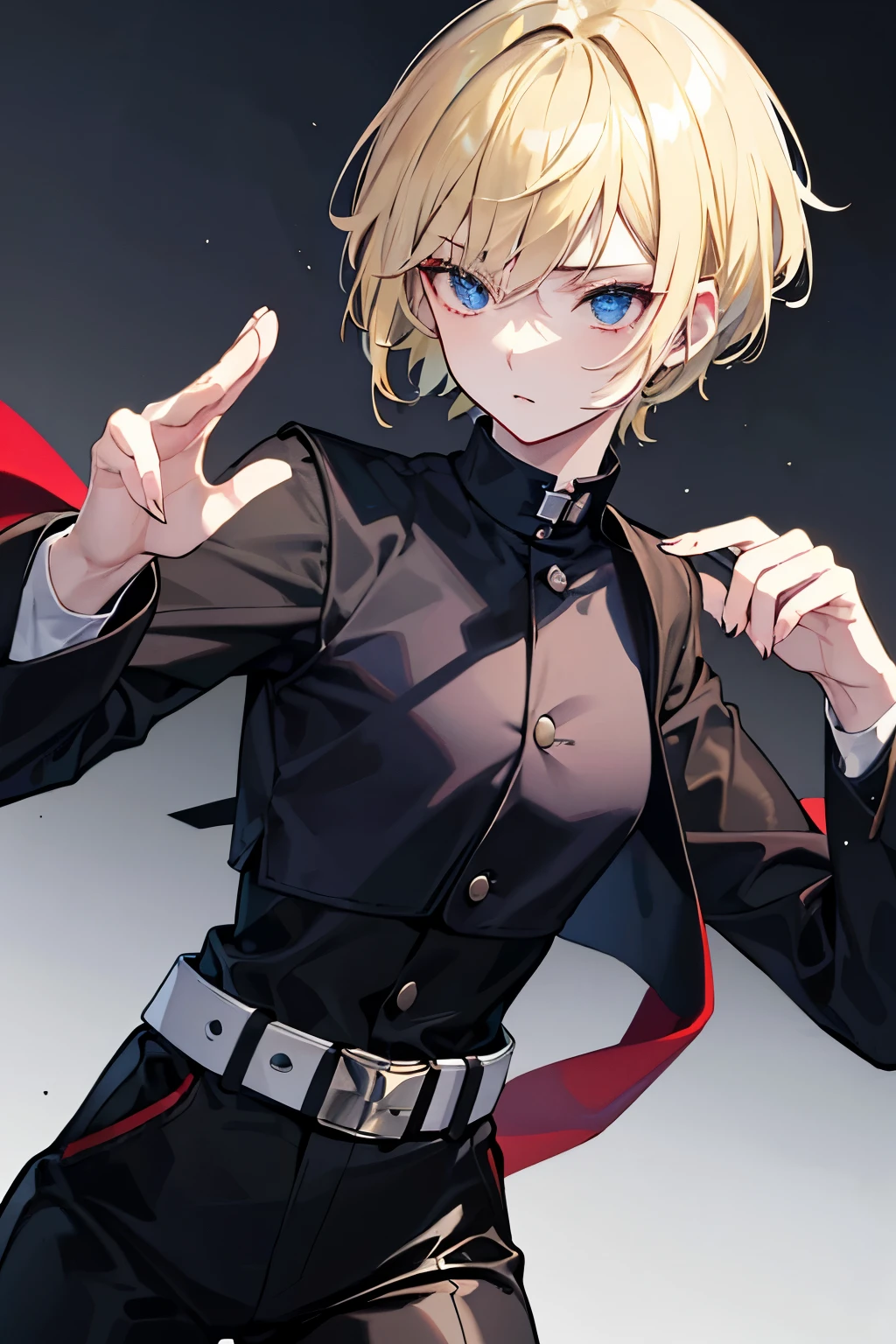 short hair/Blonde girl, androgynous appearance, belt on torso, black outfit, martial arts, martial arts, gothic
