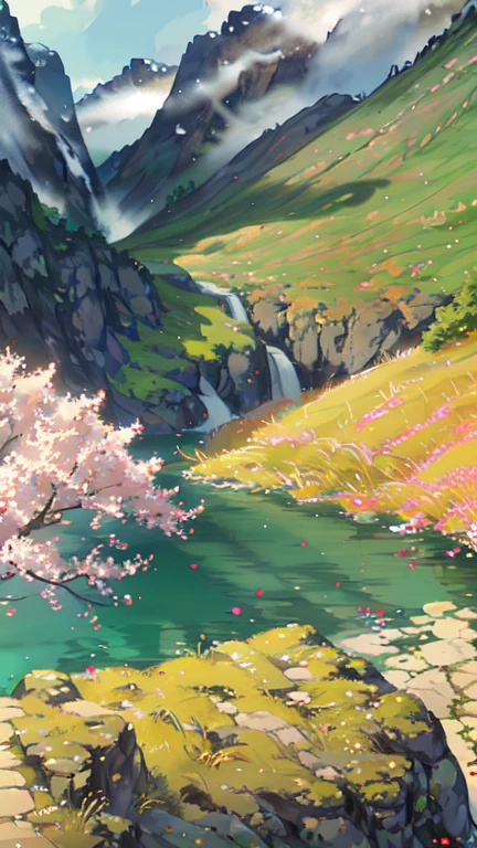 ancient china, spring, forest, lagoon, caves, waterfall, tree, meadow, rock, deer, hot spring, steam, (illustration: 1.0), grand element, realistic light, HD details, Masterpiece, best quality, (A collection of 8k CG wallpapers that are very detailed.)