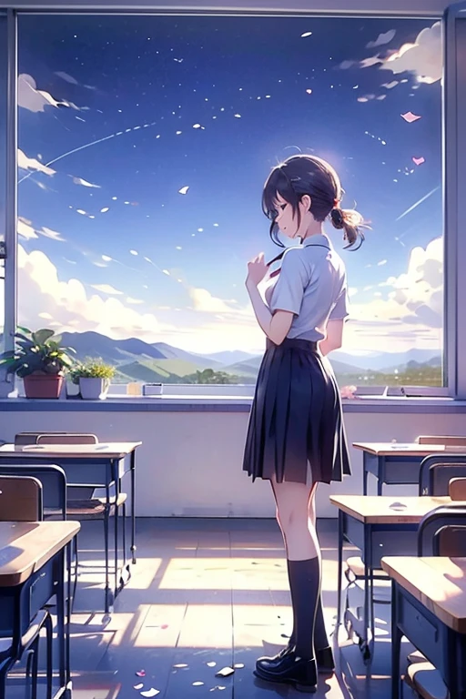 ((School classroom))、((landscape))Several students are sitting at their desks、Some students are chatting happily。Everyone is wearing 、Flowers scattered in the background、