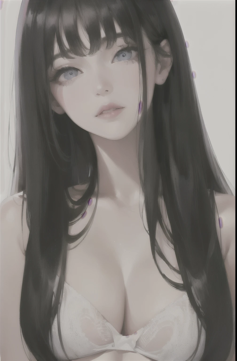 (highest resolution, distinct_image) The best quality, a girl, masterpiece, highly detailed, (semi-realistic), ((long hair)), black hair, black hair bangs, blue eyes, mature, cherry glossy lips, white background, close-up portrait, solid circle eyes