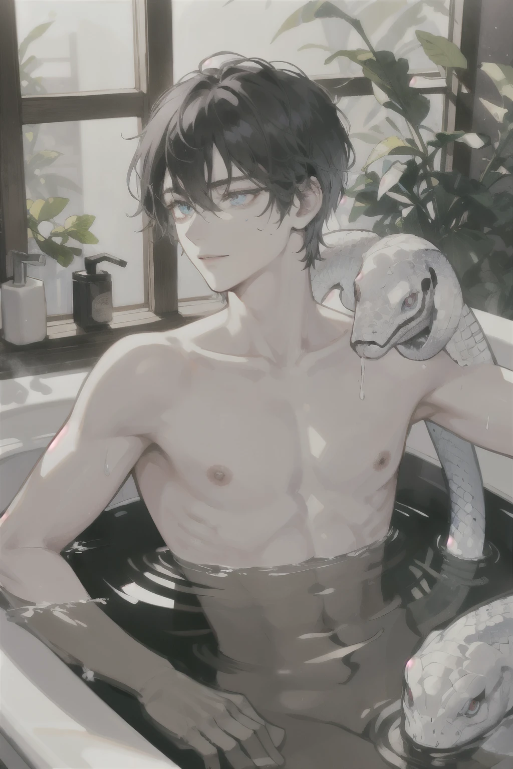 masterpiece, best quality, ultra detailed, (solo man), (male focus), ((Oblong face)), ((Square jawline)), black hair, ((hairs between eyes)), ((shoulder length)), ((narrow blue eye)), fair skin, skinny body, beauty mark, (Relaxing with a big albino snake), (Giving an insincere smile:0.7), Soaking in the bathtub in bathroom, (completely nude:1.2)