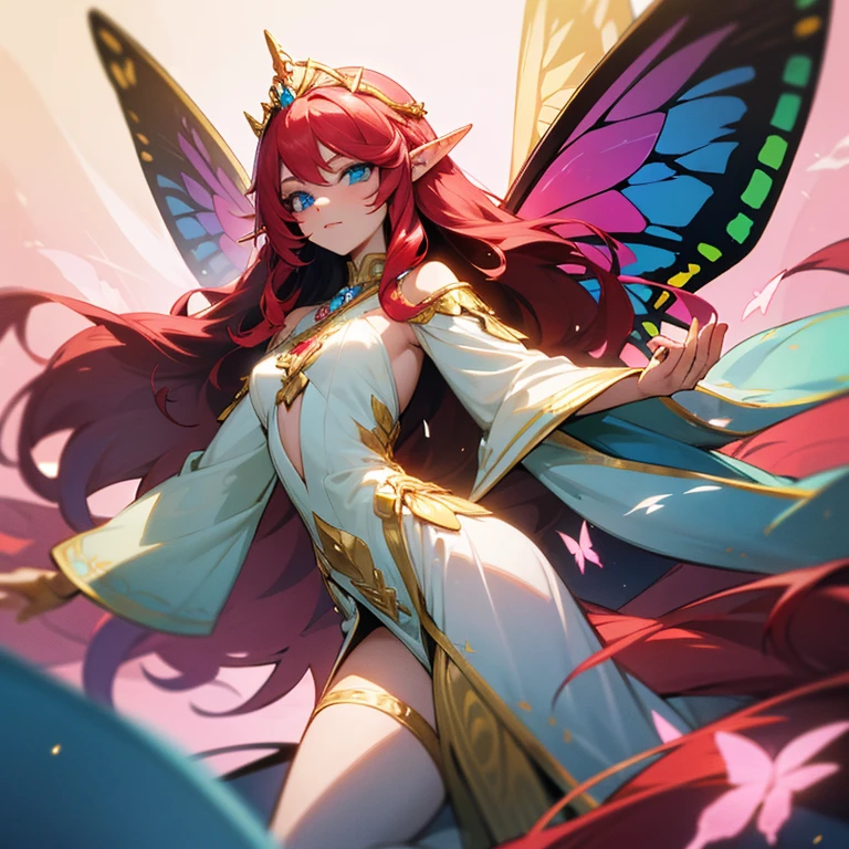 Fairy woman, tall, light complexion, multicolored butterfly wings, long flowing red hair, blue eyes, pink and white elf tunic with flowers with gold details, wearing a tiara on her head