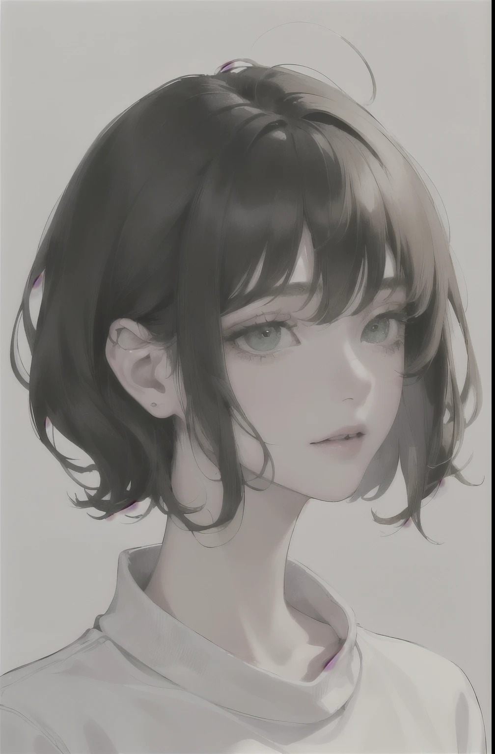 (highest resolution, distinct_image) The best quality, a teenage giel, masterpiece, highly detailed, (semi-realistic), ((short pixie hair)), black hair, black hair bangs, green eyes, mature, cherry glossy lips, white background, close-up portrait, solid circle eyes,((Listen to music)), 15 years old, Black sweatshirt