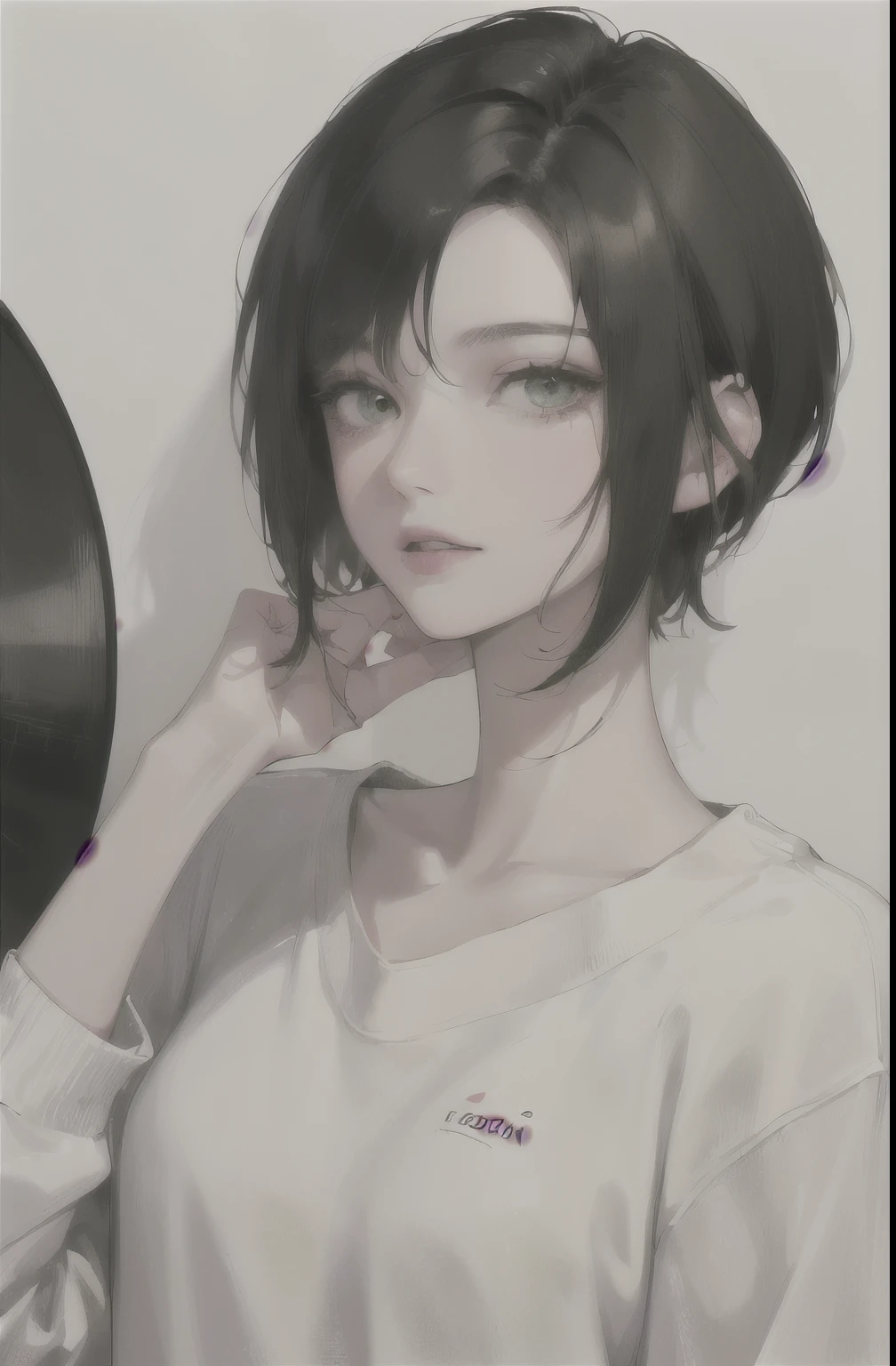 (highest resolution, distinct_image) The best quality, a teenage giel, masterpiece, highly detailed, (semi-realistic), ((short pixie hair)), black hair, black hair bangs, green eyes, mature, cherry glossy lips, white background, close-up portrait, solid circle eyes,((Listen to music)), 15 years old, Black sweatshirt 