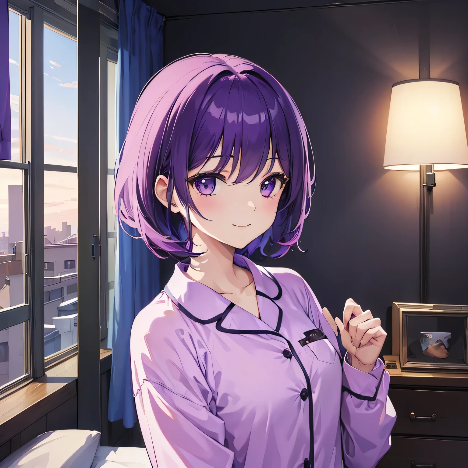 (T Masterpiece，4K wallpaper，Best Quality))、((girl１people))、(solo)、Bright and Brilliant，(Purple Hair)、(Shortcuts:1.3)、smile、Bedroom、pajamas、night