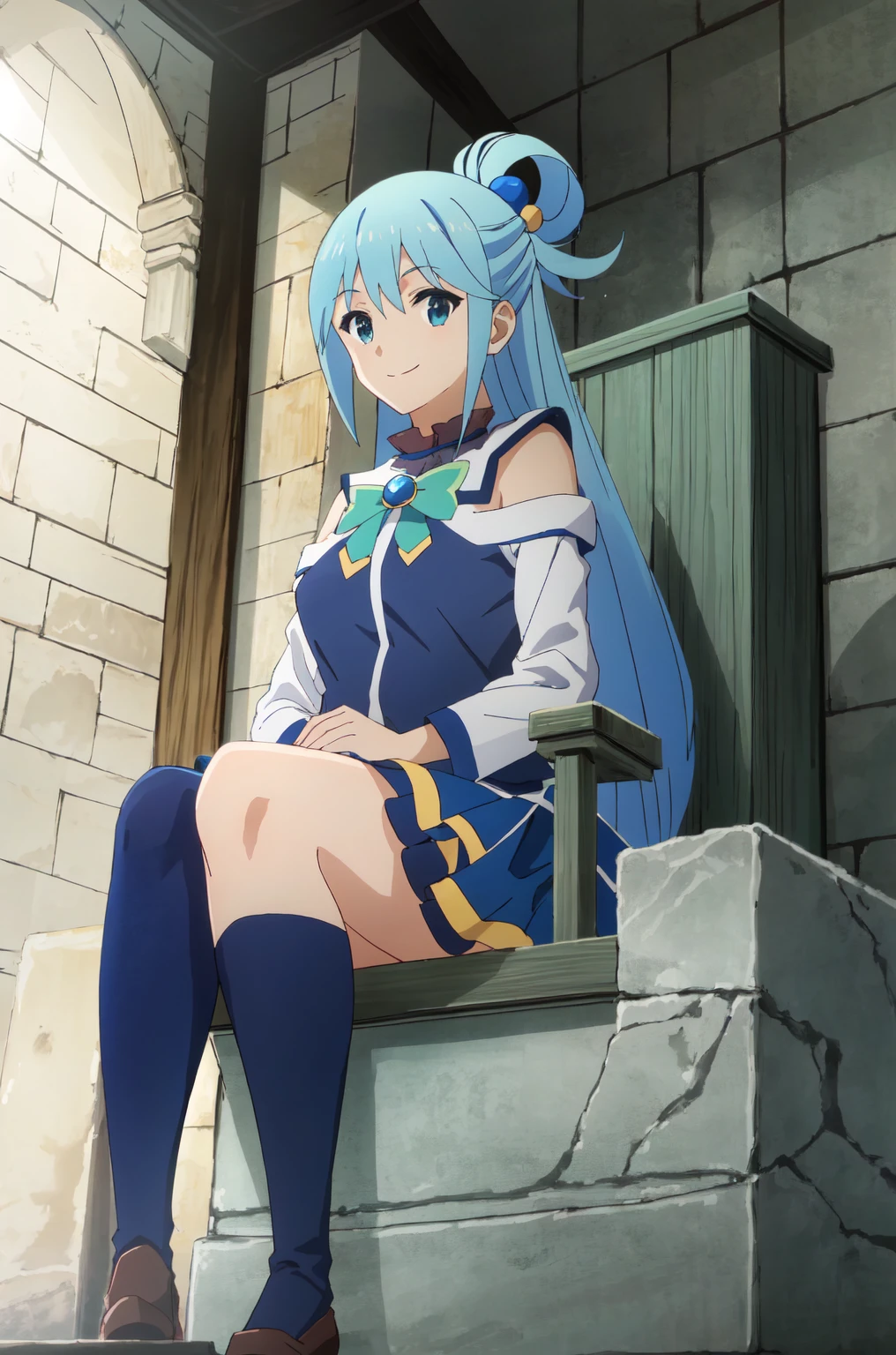 water blue, 1 Girl, Solitary, Smile, looking at the audience,hair ring, green bow, Blue shirt, Bare shoulders, Hair accessories, skirt, Sitting on the throne, Luxurious place, fountain, From below