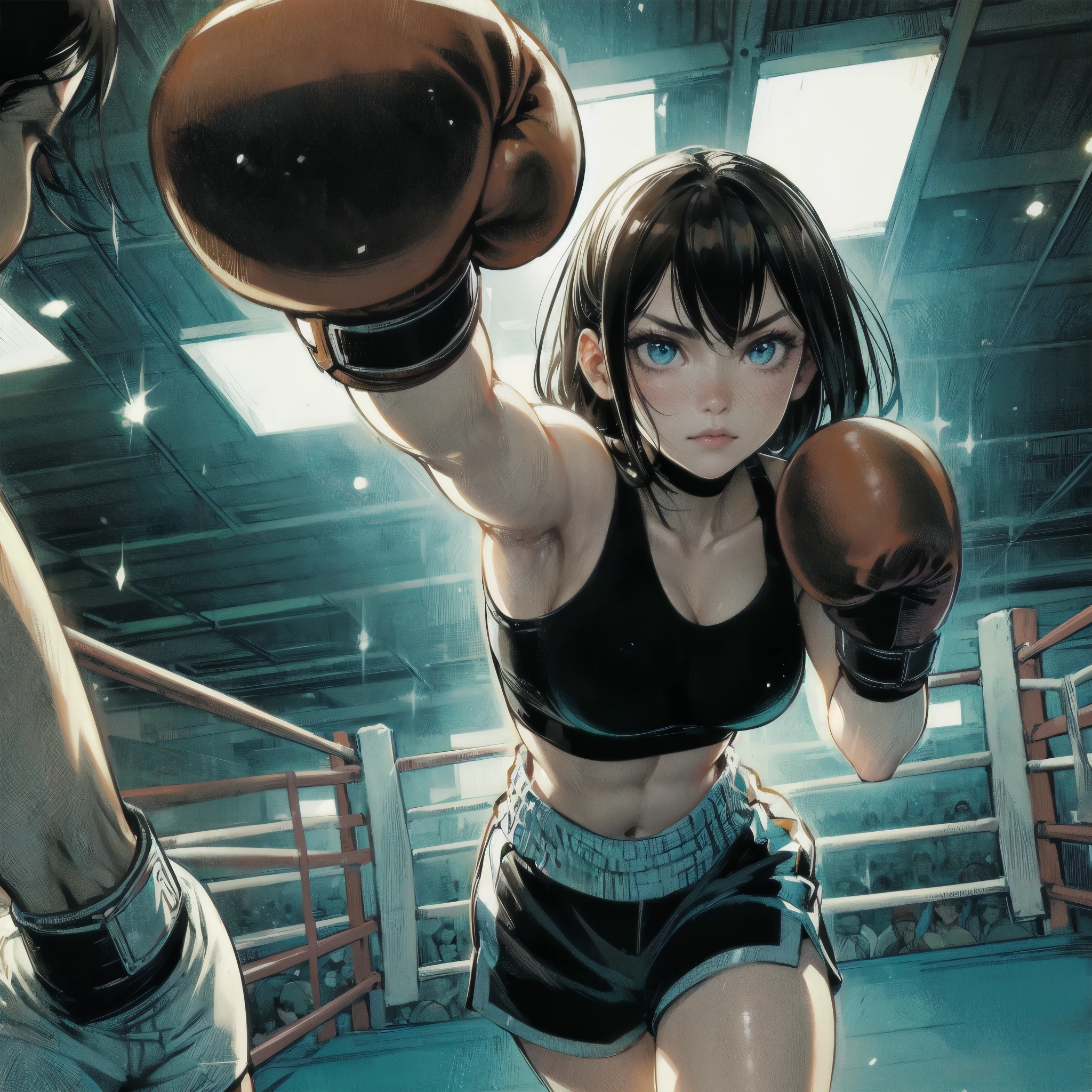 high quality,HD,16k,sharp lines,1 girl,Female boxing athlete ,cute face, large breasts, nice legs,At the boxing venue,focus girl,detailed beautiful face,detailed clothes,beautiful eyes,cool,dynamic angle