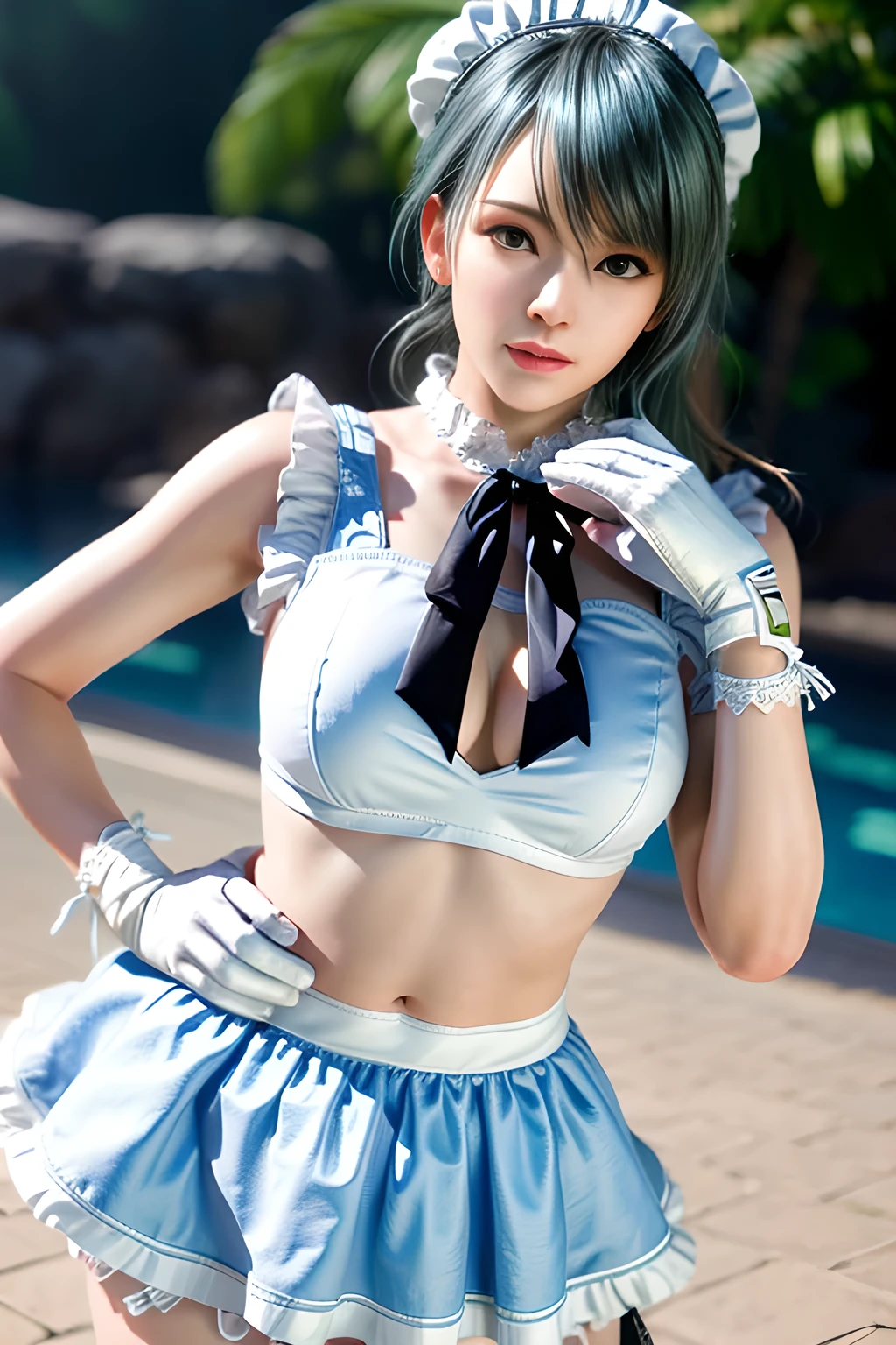 1girl, BREAK (white and black theme:1.4), (fusion of (sleeveless white high neck and collared [crop top]) and (black puff sleeves):1.4), (white tops and black short sleeves:1.2), (wearing a white half apron over a black skirt:1.4), (waist cincher:1.3), (white half apron), ((white maid head-band with ruffles on head, white brim on head):1.3), (white thigh high stockings:1.4), ((white arm warmers, white long glove):1.3), BREAK (light-blue theme:1.2), (light-blue lines on skirt:1.3), (light-blue ribbon bow:1.3),  , appealing cleavage,( beautiful tattoo:1.2), overhead view, beautiful detailed eyes, beautiful detailed lips, extremely detailed eyes and face, long eyelashes, feminine charm, detailed texture, snug fit, fashionable, soft fabric, radiant skin, (best quality,4k,8k,highres,masterpiece:1.2), ultra-detailed, (realistic,photorealistic,photo-realistic:1.37), tamaki