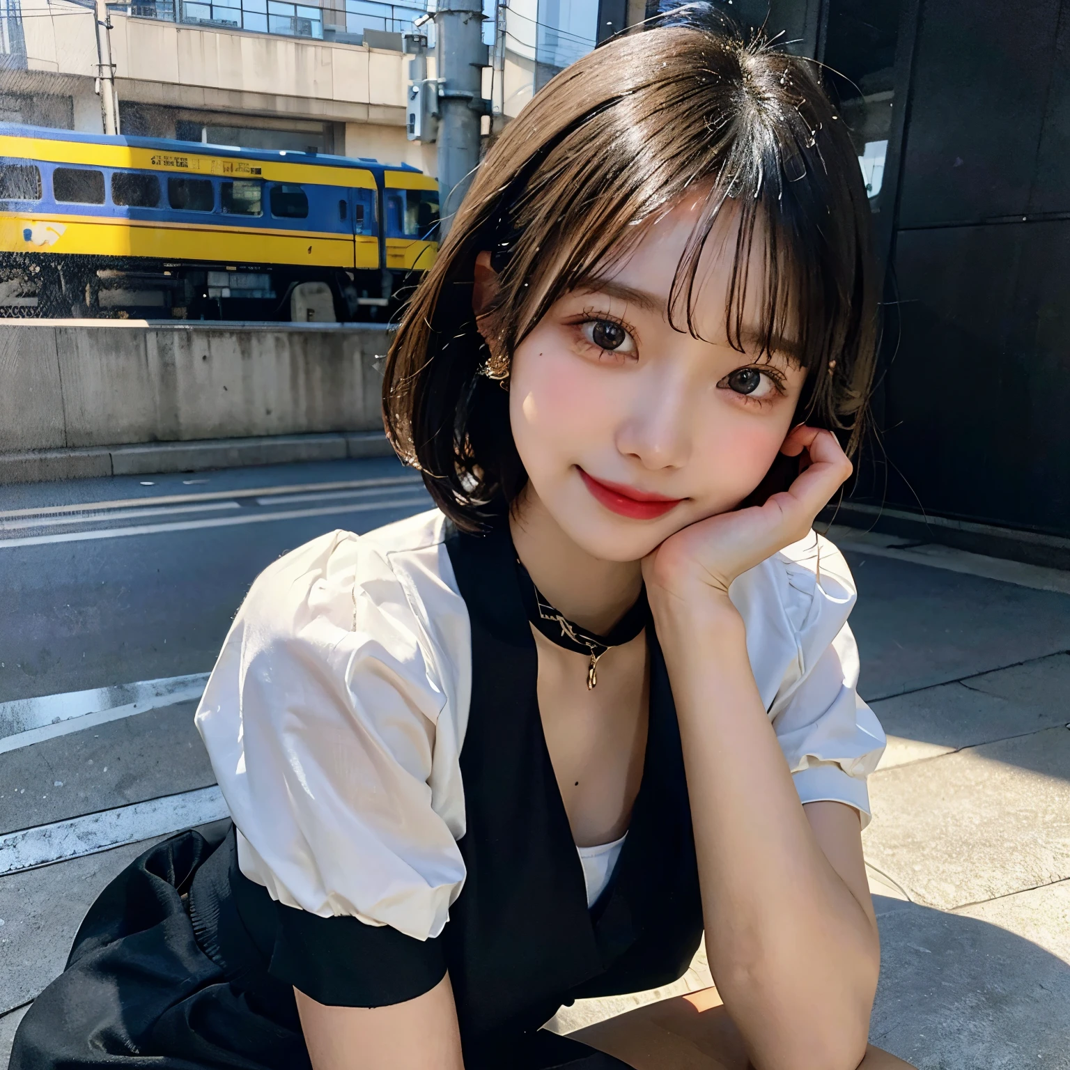 highest quality, masterpiece, Ultra-high resolution, Realistic, 1 girl, uniform, mini skirt, train,Sitting,Thighs,smile, smile, Slightly visible, Soft lighting, Detailed skin, bangs, Black Hair, Clear Eyes, Short Bob Hair, Transparency, Japan, Korean, Beautiful woman, Upward glance, Lip gloss, Black Thick Choker, Teardrops, Mole on chest, Eye highlights