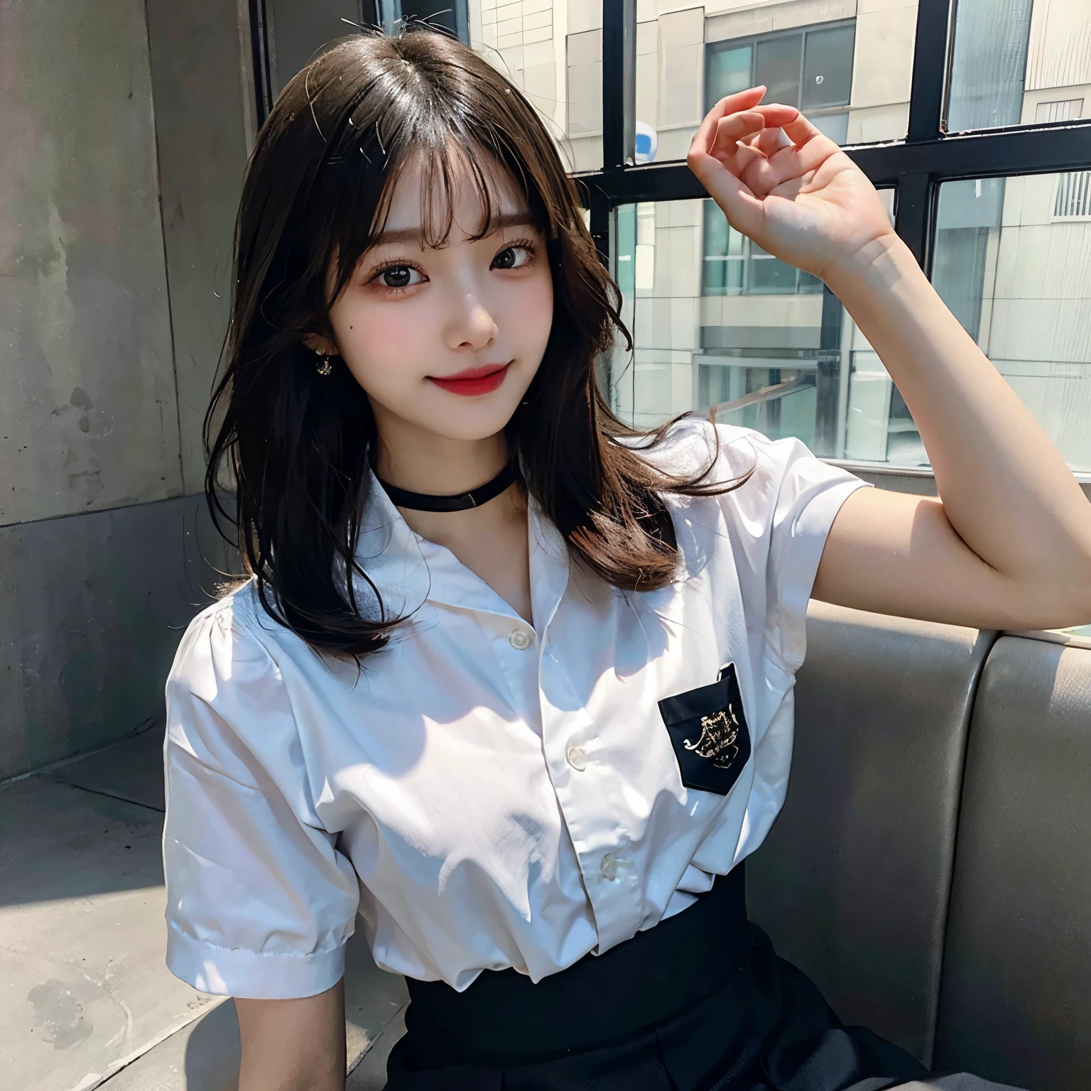 highest quality, masterpiece, Ultra-high resolution, Realistic, 1 girl, uniform, mini skirt, train,Sitting,Thighs,smile, smile, Slightly visible, Soft lighting, Detailed skin, bangs, Black Hair, Clear Eyes, Short Bob Hair, Transparency, Japan, Korean, Beautiful woman, Upward glance, Lip gloss, Black Thick Choker, Teardrops, Mole on chest, Eye highlights