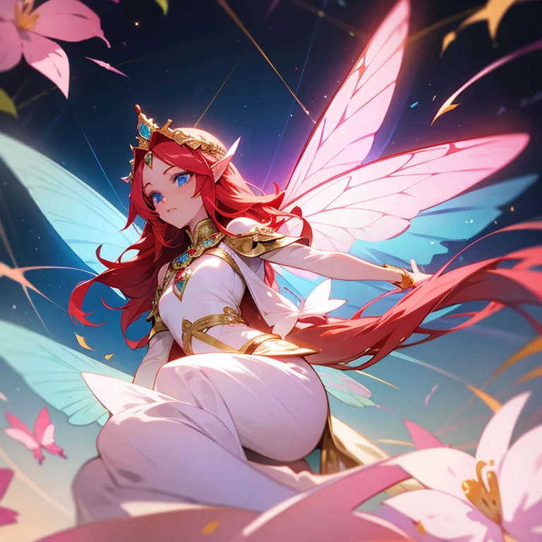 Fairy woman, tall, light complexion, multicolored butterfly wings, long flowing red hair, blue eyes, pink and white elf tunic with flowers with gold details, wearing a tiara on her head
