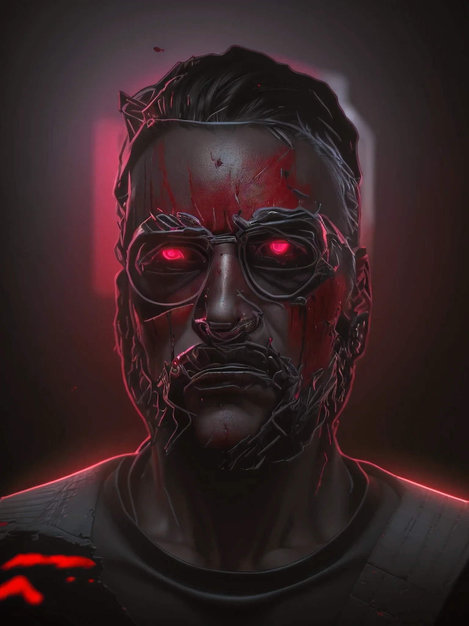 3D model Cyberpunk dark environment around. beat up face with blood over his face. Octane Render look