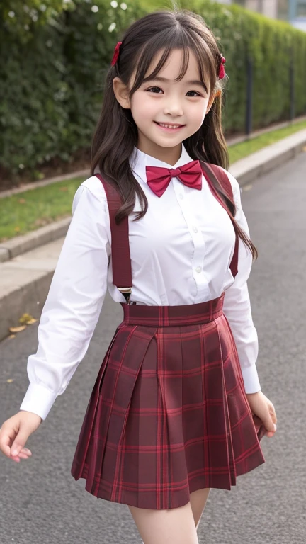 little young girl.................,, in front of the school、Connect to skirt with suspenders、White shirt with long sleeves、Plaid skirt、, , sakimichan,, nice and cute, Innocent smile, , Lovely smile, Pose cutely , 8 year old , big breasts , red knot , red bow , waistband of skirt is at the point above chest