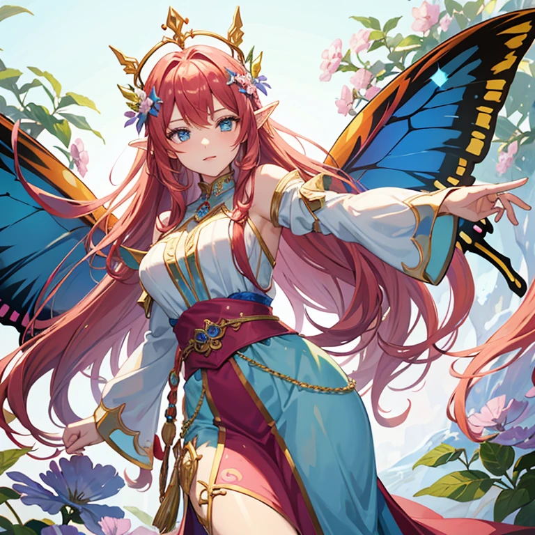 Fairy woman, tall, light complexion, multicolored butterfly wings, long flowing red hair, blue eyes, pink and white elf tunic with flowers with gold details, wearing a tiara on her head