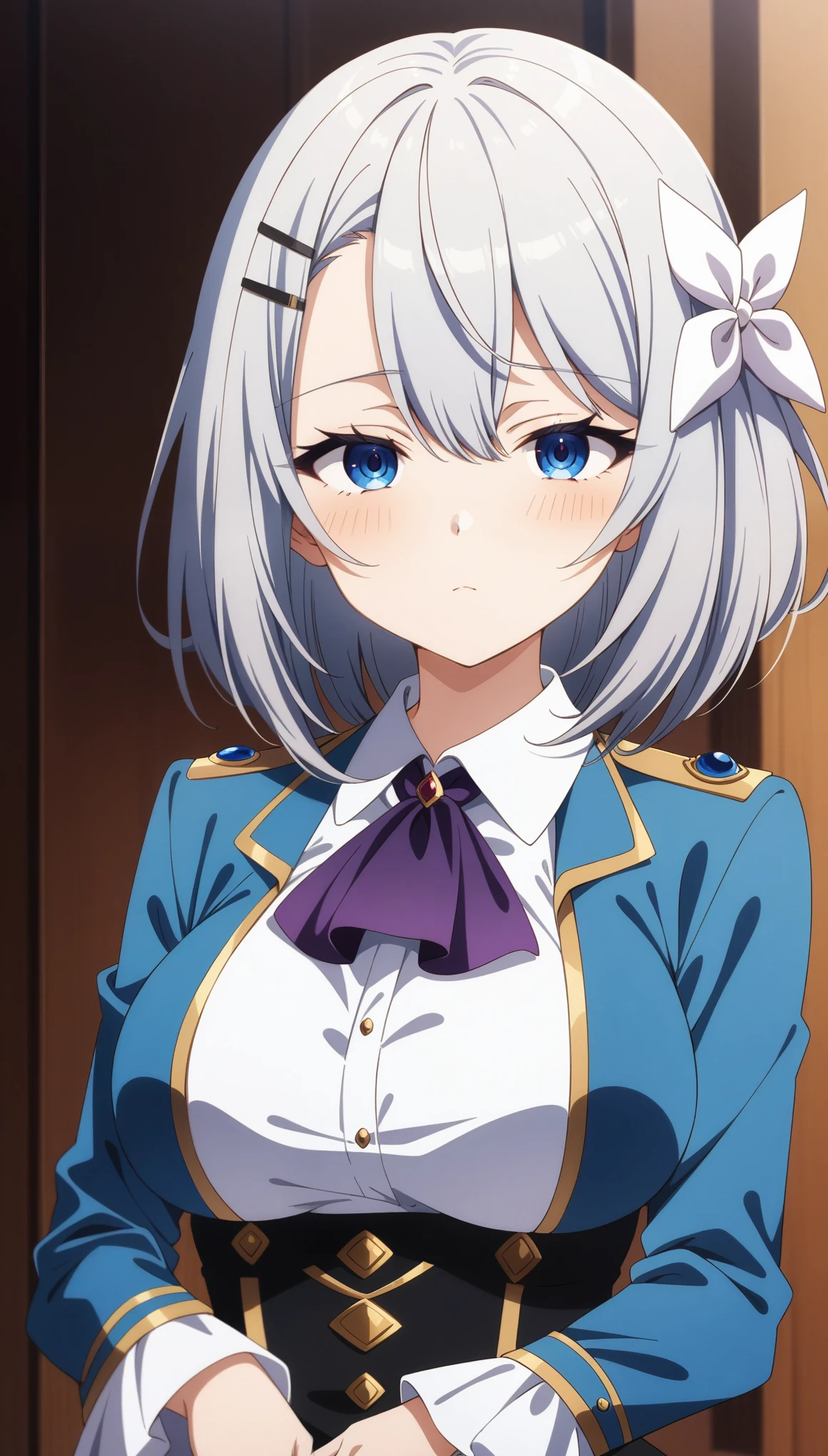 (masterpiece, best quality, very aesthetic, ultra detailed), intricate details,
1girl, SakunaMemoir, grey hair, bangs, hair between eyes, medium hair, blue eyes, hair ornament, hairclip, hair bow, breasts, collared shirt, long sleeves, purple ascot, blue jacket, black skirt, looking at viewer, 