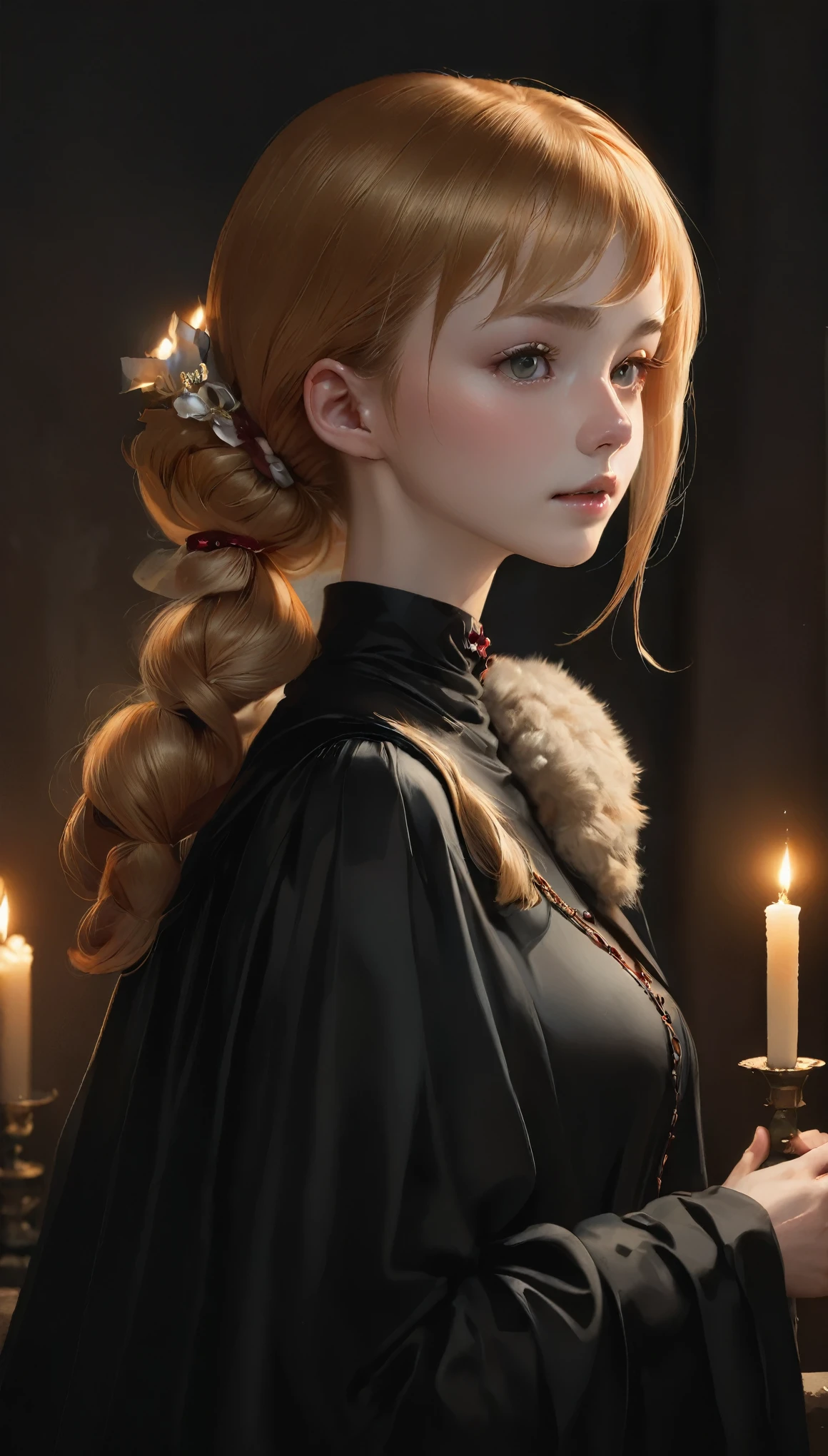 A very realistic woman、RAW Photos、One Girl、alone、Cute Face、14talent、Shorthair Twin Tails、Shortcuts、Red hair clip、Small Nose、Fuller lips、Ash Blonde Hair、Detailed Description、Black silk turtleneck shirt、White capelet、ruby necklace、(((Dim background、Candlelight、Stone Room)))、highest quality、High resolution、High resolution、masterpiece:1.3、