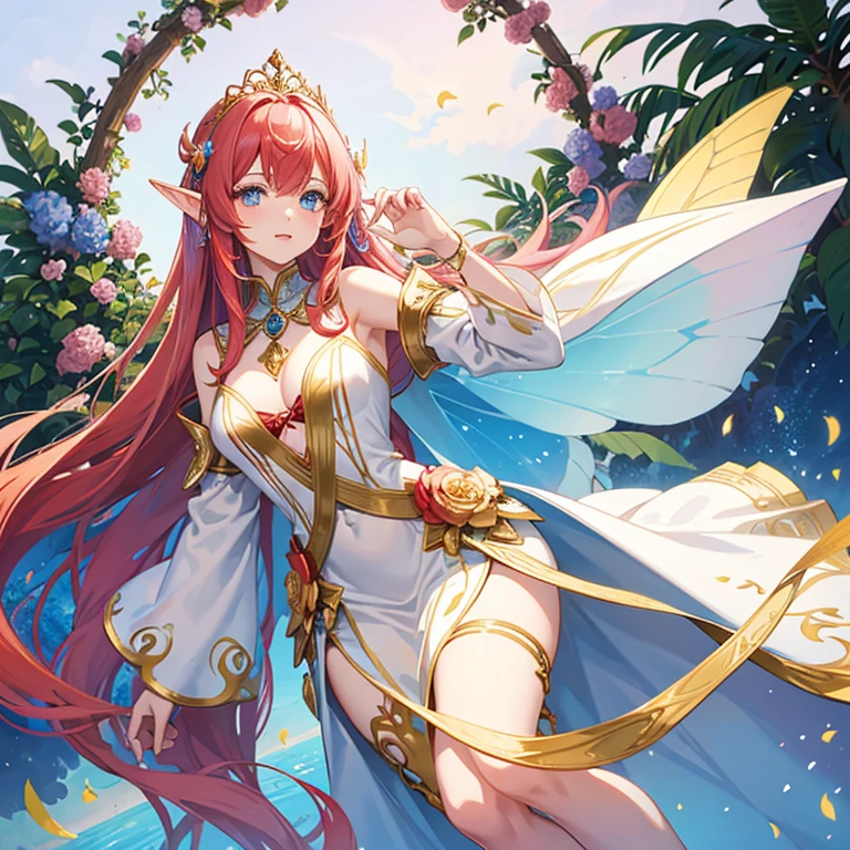 Fairy woman, tall, light complexion, multicolored butterfly wings, long flowing red hair, blue eyes, pink and white elf tunic with flowers with gold details, wearing a tiara on her head