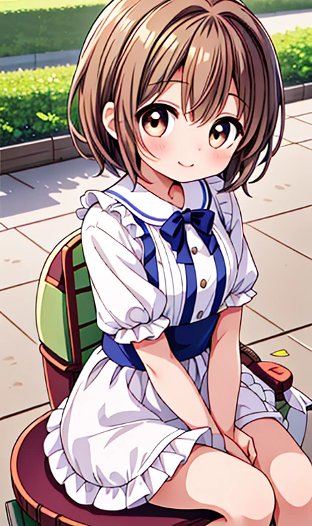 Upper body close-up、 ((highest quality)), masterpiece, Ultra-high resolution, 8k,Show anime style , One, Soft Line Art, Digital Enhancement, shojo anime touch, shojo manga core, Flowing fabric, close, Soft Drawing, (Ultra-Definition Digital Anime Art), Clear facial depiction, ((Super detailed girl cartoon character art)), (Ultra-detailed manga style), highest qualityの色, ((Short brown hair)), Beautiful brown hair, (Clear brown eyes), Slightly chubby,Small breasts,18-year-old,Women and, solo, The costume: Summer vegetablesコスプレ: Summer vegetables, An angle that emphasizes cuteness, picnic、Raw leaves、((Sit on a cute seat: 1.8)), cute, Theme from above、Show off your favorite ingredients。Big smile、