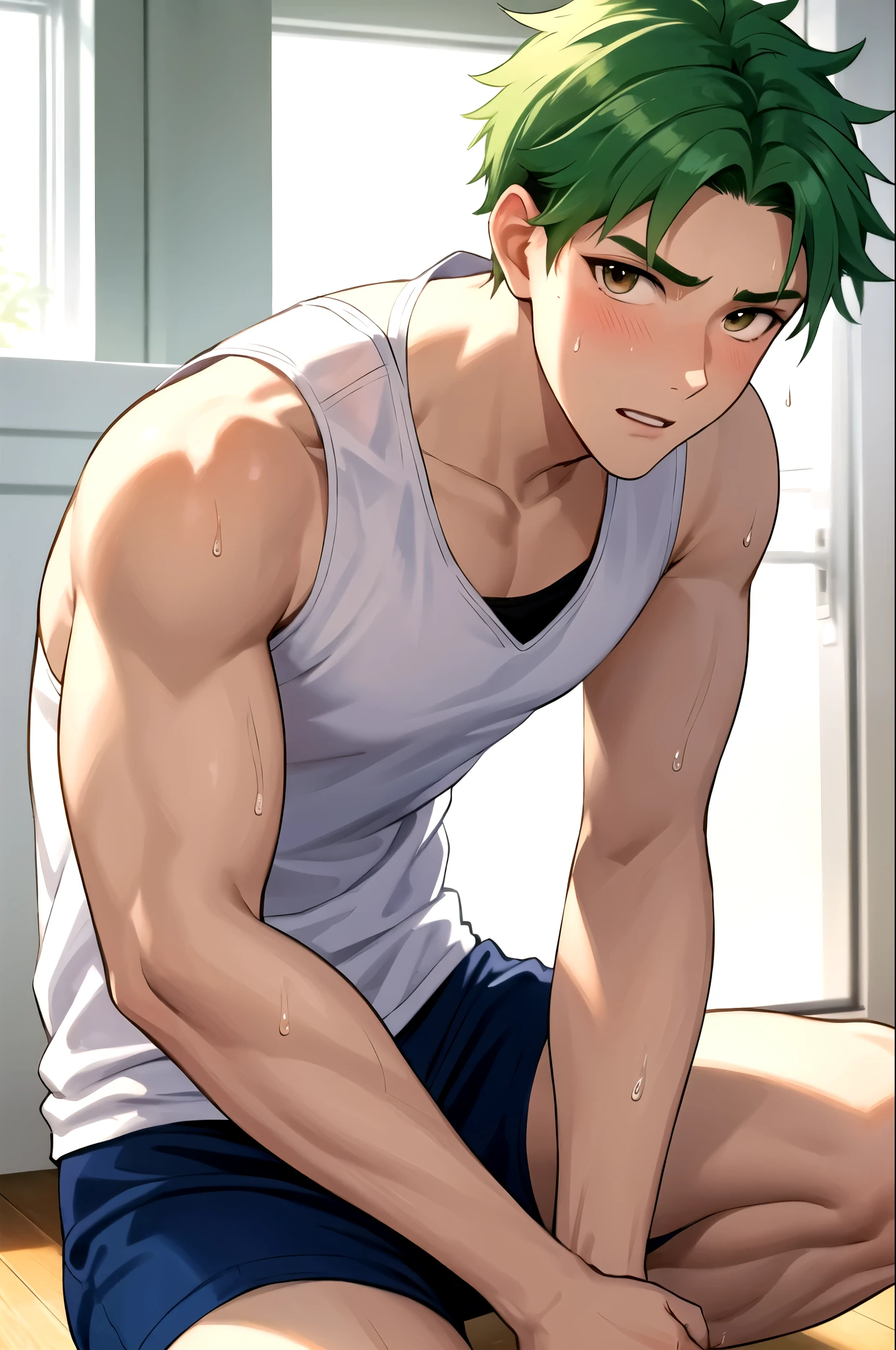 masterpiece, best quality, 1boy, solo, male focus, leaning forward, muscular male, tank top, shorts, bulge, brown eyes, short hair, green hair, looking at viewer, (covered nipples:0.8), bara, sweat, head touching the ceiling sit on the floor in a house
