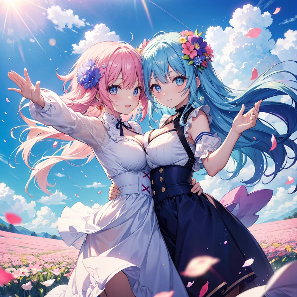 anime、Vibrant colors、Uplifting、Two beauties、Two people facing each other、20 years old、Bright clothes、Bright eyes、Sparkling eyes、Large Breasts、An innocent smile、A flower field、blue sky、rainbow、Petals are dancing、spring