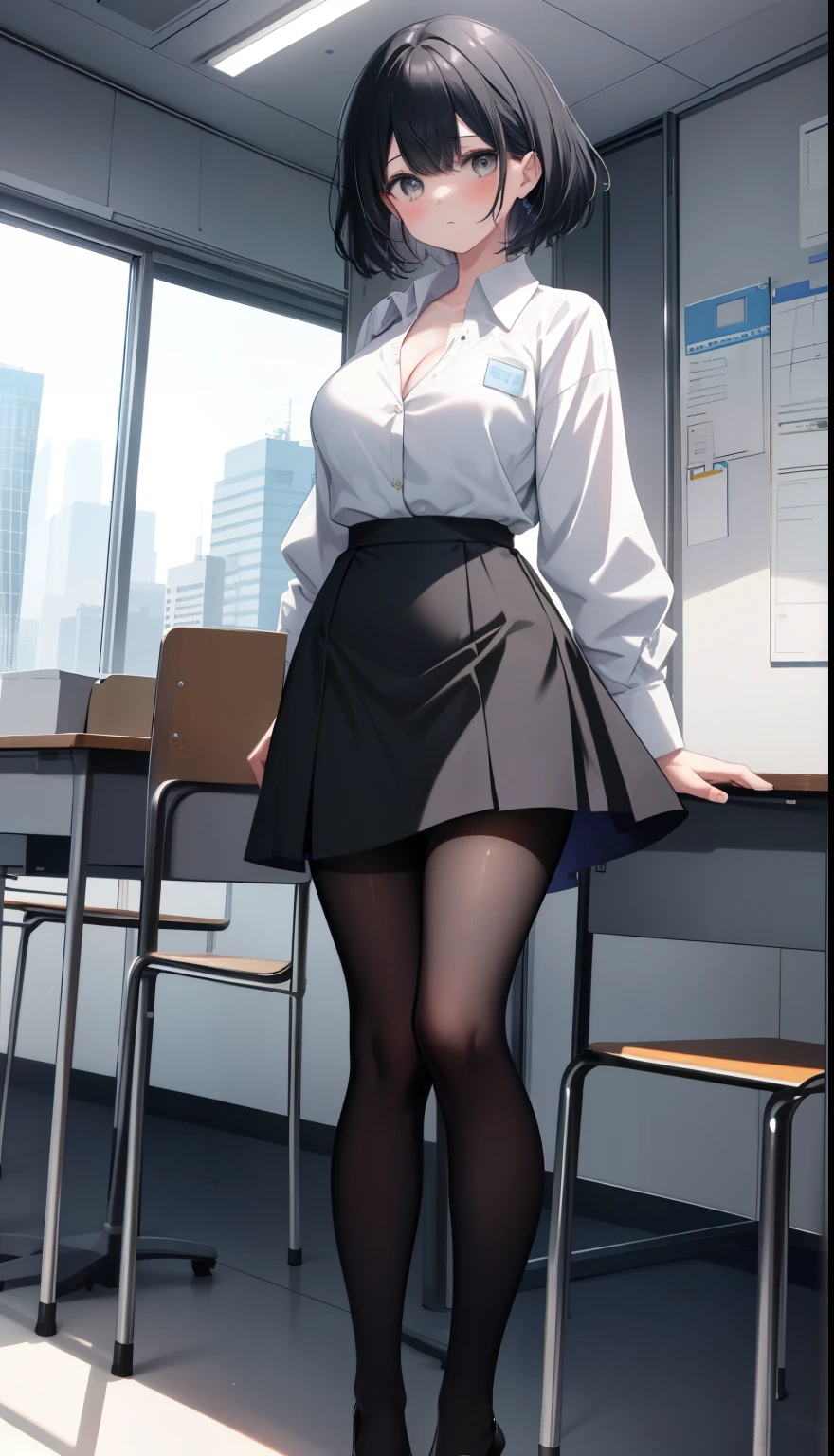 One Girl、positive、Standing posture、Full body portrait、Black Hair、Medium Haircut、blush、Absolute area、Black knee-high socks、Knee-length、stockings、Black Pantyhose、White underwear、Light blue shirt、Blue-gray business suit、Grey tight mini skirt、Japanese office lady、Summer clothes、classroom、Stand on the podium、Daytime、(Very large breasts)、Cleavage、open chest shirt、Unbutton your shirt、((Lesbians around the world))、masterpiece、(highest quality)、
Panties around the ankles、Black high heels、Shirt buttons fly off