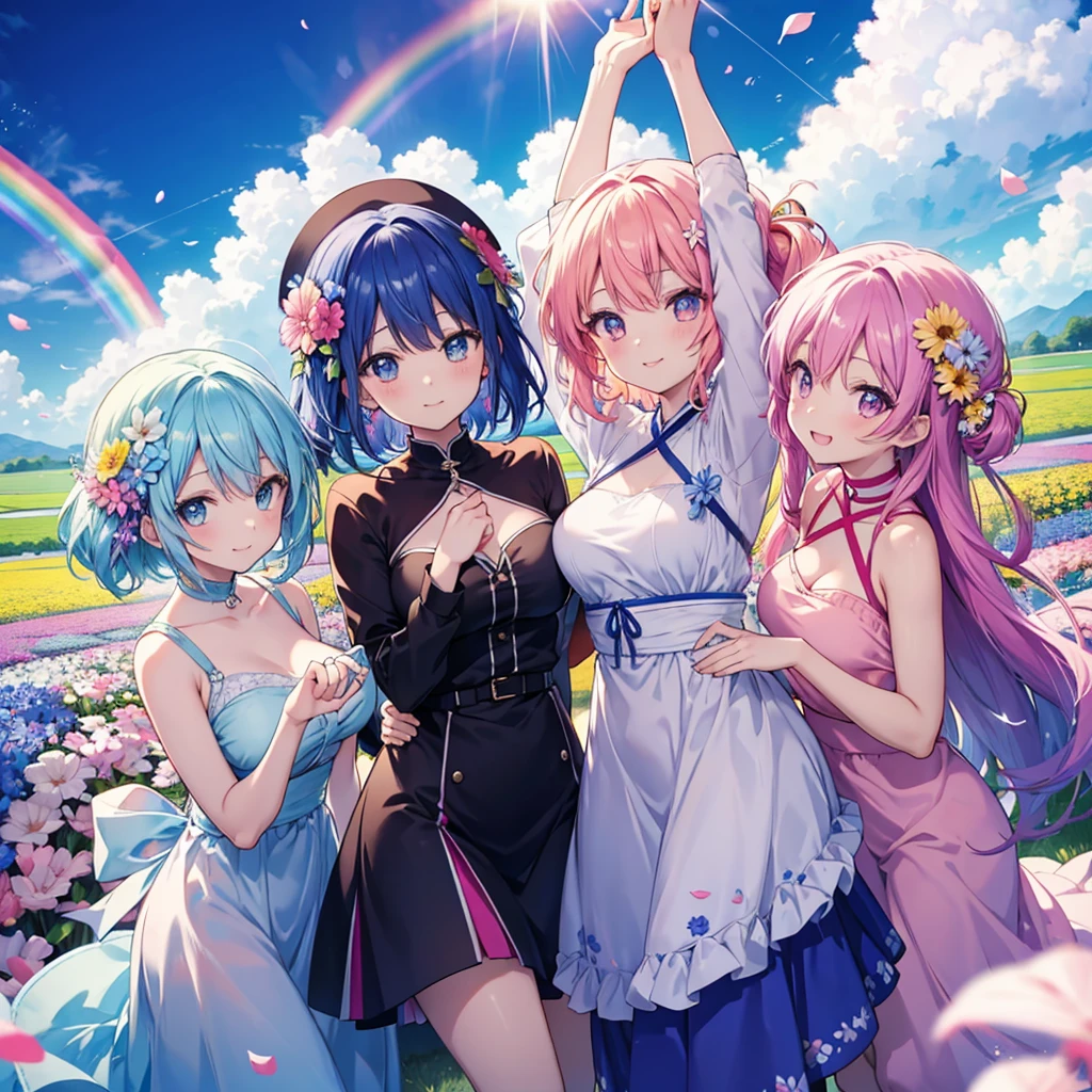 anime、Vibrant colors、Uplifting、3 beautiful girls、Bright clothes、Bright eyes、Sparkling eyes、Large Breasts、An innocent smile、A flower field、blue sky、rainbow、Petals are dancing、spring