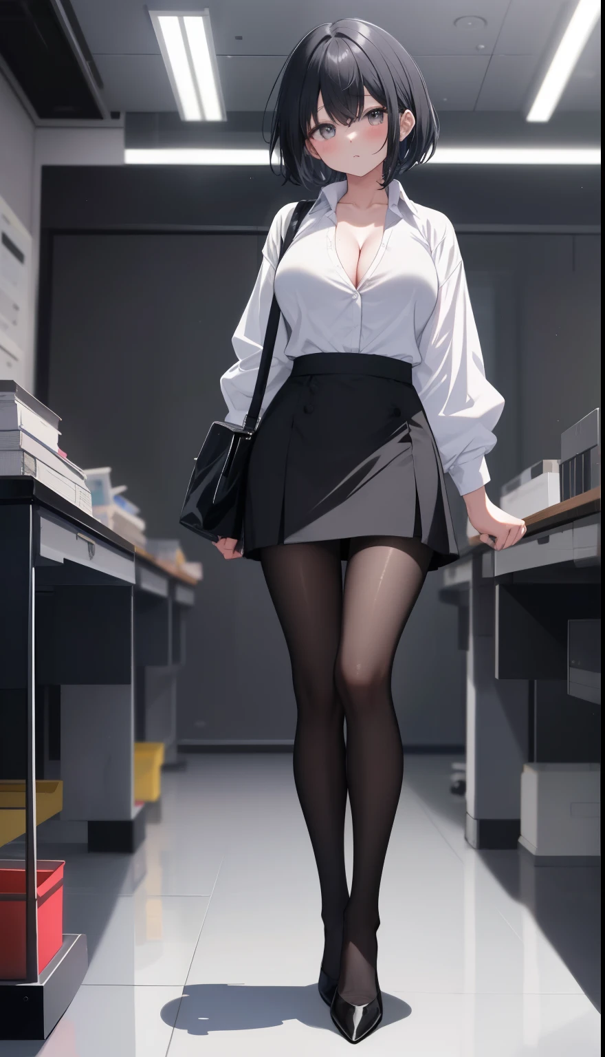 One Girl、positive、Standing posture、Full body portrait、Black Hair、Medium Haircut、blush、Absolute area、Black knee-high socks、Knee-length、stockings、Black Pantyhose、White underwear、Light blue shirt、Blue-gray business suit、Grey tight mini skirt、Japanese office lady、Summer clothes、classroom、Stand on the podium、Daytime、（Very large breasts）、Cleavage、open chest shirt、Unbutton your shirt、((Lesbians around the world))、masterpiece、（highest quality）、
Panties around the ankles、Black high heels、Shirt buttons fly off