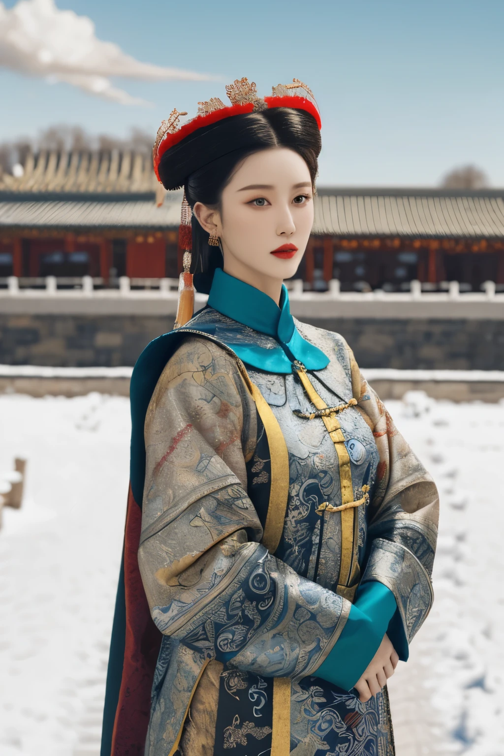 food focus,food,sky,still life,day,outdoors,cloud,blurry,qch_xy,hanfu,1girl,jewelry,earrings,solo,black hair,looking at viewer,long sleeves,red lips,dress,holding,lips,black eyes,cross,chinese clothes,makeup,hair ornament,updo,cowboy shot,best quality,best quality,masterpiece,realistic,HDR,2K,realistic,(snow,water:1.4),