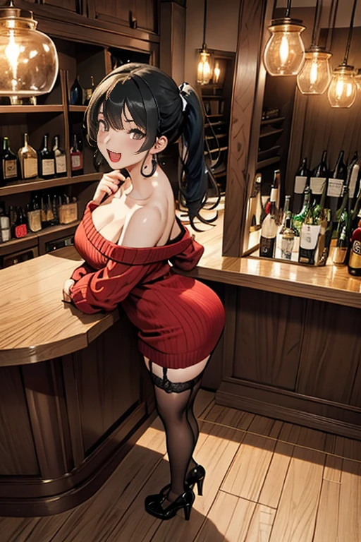 (from above:1.1),(from front:0.9), ((Face)), (Close-Up:0.4), masterpiece,"A 22-year-old girl stands at a bar counter,She is dressed in a stylish off-shoulder dress, sweater dress, off-shoulder sweater, red sweater,garter stocking, small breasts:1.5,cleavage:1.1, black shorts, black thighhighs, thigh strap, pretty girl, (highly detailed beautiful face and eyes,firm breasts),real skin,((black,hair,long pony tail hair)),thin pubic hair,cute and lovely pose, detailed eyes, This masterpiece is only visually stunning but also tells,(double breasted:0.6,under bust:0.6),(with sparkling eyes and a contagious smile),open mouth, The bar is beautiful, with colorful bottles of alcohol in the background and a soft glow from neon lights. The atmosphere is relaxed, and the girl looks confident and fashionable.",full body, sexy pose,make a cocktail , in a bar counter, Looking at Viewer,