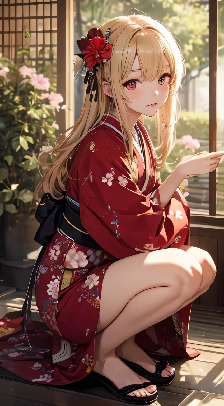 masterpiece, highest quality, One Girl, alone, kimono, Hair Flower, Floral, , Sitting, hands on knees, blonde, Red eyes