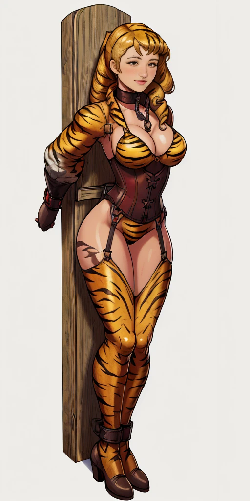 ((Masterpiece, 4k, plain background:1.2)) (handuffed behind her back)) Forrest FIRE EMBLEM full body standing straight symmetrical, standing chained pole bondage sex slave, yellow tiger bikini print, happy closed mouth red cheeks, leather collar choker neck bell, cleavage, leather corset