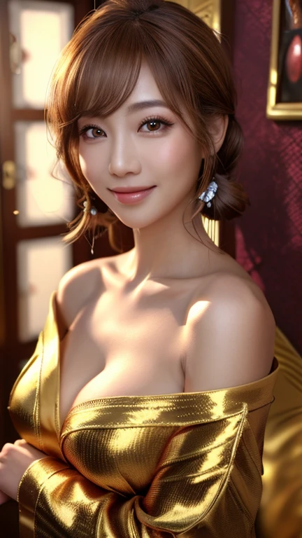 (masterpiece:1.3), (8k, Photorealistic, Raw photo, Best image quality: 1.4),、30代fortune teller(Random Hairstyles:1.2)、Cleavage:1.2、Super detailed face、Attention to detail、double eyelid、Put your chest together、Sharp focus:1.2、Beautiful woman:1.4、Light brown hair、highest quality、masterpiece、超A high resolution、(Photorealistic:1.4)、Highly detailed and professionally lit smile、fortune teller、Robe costume、The mouth is hidden、Smiling Kindly,background(black:1.4)、