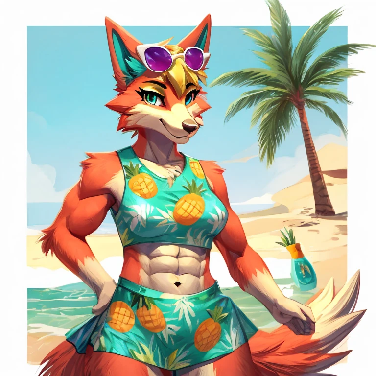 a digital artwork of audie with abs wearing a crop top of her sleeveless turquoise and pineapple printed muumuu dress with turquoise and pineapple printed skirt, a bare midriff and a bare navel, she has sunglasses on her forehead 