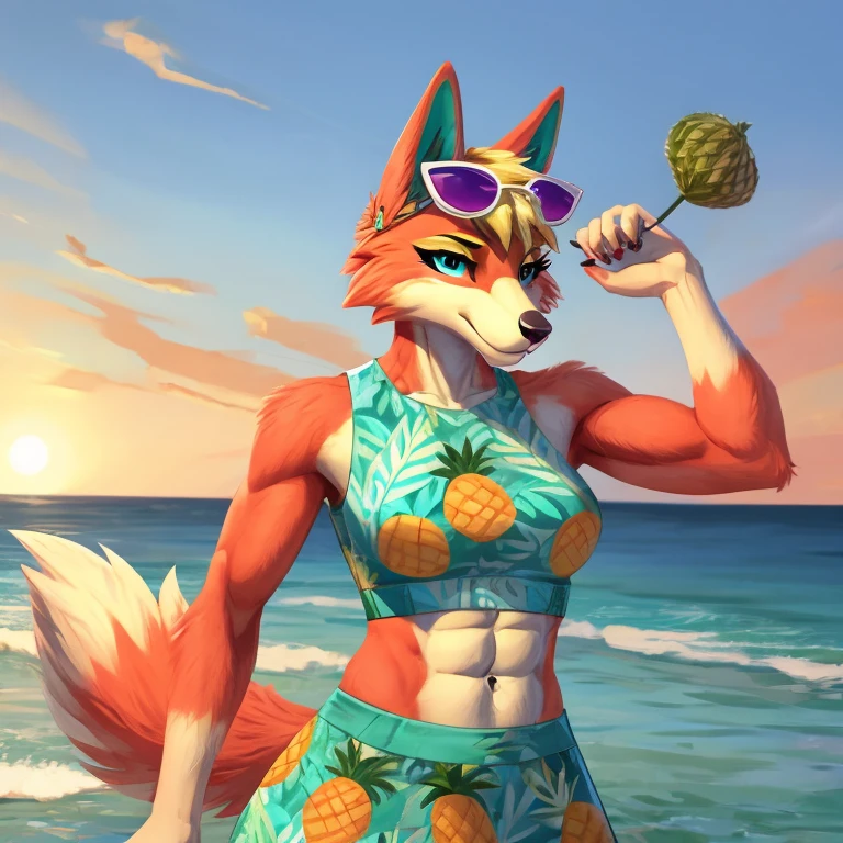 a digital artwork of audie with abs wearing a crop top of her sleeveless turquoise and pineapple printed muumuu dress with turquoise and pineapple printed skirt, a bare midriff and a bare navel, she has sunglasses on her forehead