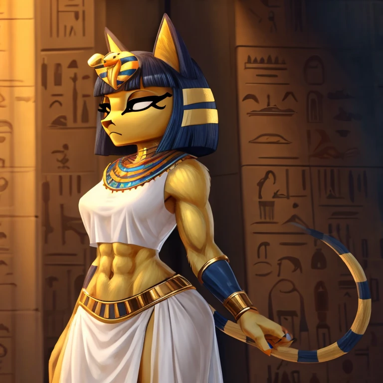 a digital artwork of ankha with abs wearing a crop top of her white sleeveless dress with white dress skirt, a bare midriff and a bare navel, sideview, Egyptian setting 