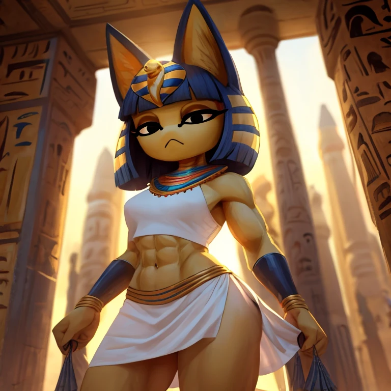 a digital artwork of ankha with abs wearing a crop top of her white sleeveless dress with white dress skirt, a bare midriff and a bare navel, sideview, Egyptian setting 