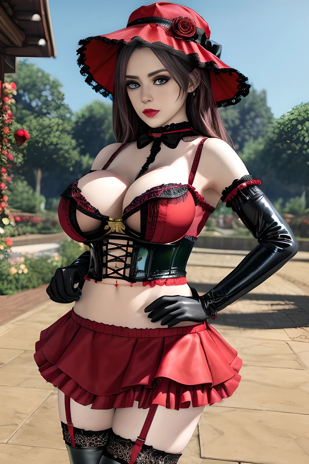 1 girl,BREAK (Royal:1.4), (red and black theme:1.5), ((red) bucket hat with rose corsage:1.4), (fusion of black high neck crop top and latex (red bustier):1.4), ((floral lace, see-through):1.3), ((sleeveless, bare shoulders):1.3), (red tiered skirt with black ruffles:1.4), ((ultra long gloves) with floral lace:1.3), (wrap a (cat garter) around thighs:1.4), outdoor,elegant,nighttime,moonlighe,shiny skin,( huge breasts), lip gloss,tattoos, masterpiece, best quality, realistic ,Surrealism,natural colors art in 8k,soft shadows,High-definition RAW color photos professional portrait photos,solo,  elise,