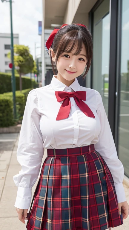 .................,, In front of the school、Connected to the skirt with suspenders.、White shirt with long sleeves、plaid skirt、, , Sakimi-chan,, nice and cute, innocent smile, , A cute smile, Sakimi-chan HDRI、 big 、(Beauty Big 1:2) 、 with short bob hair、Posing cutely ,  , big breasts , red knot , red bow , The waistband of the skirt is at a point just above the bust.