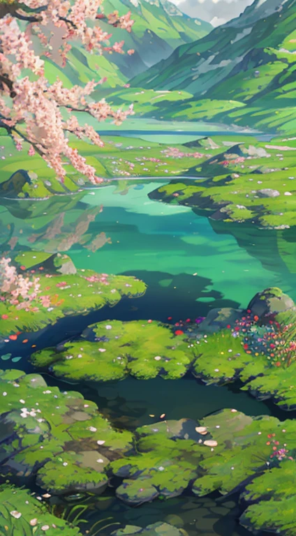 ancient china, spring, forest, lagoon, caves, waterfall, tree, meadow, rock, deer, hot spring, steam, (illustration: 1.0), grand element, realistic light, HD details, Masterpiece, best quality, (A collection of 8k CG wallpapers that are very detailed.)