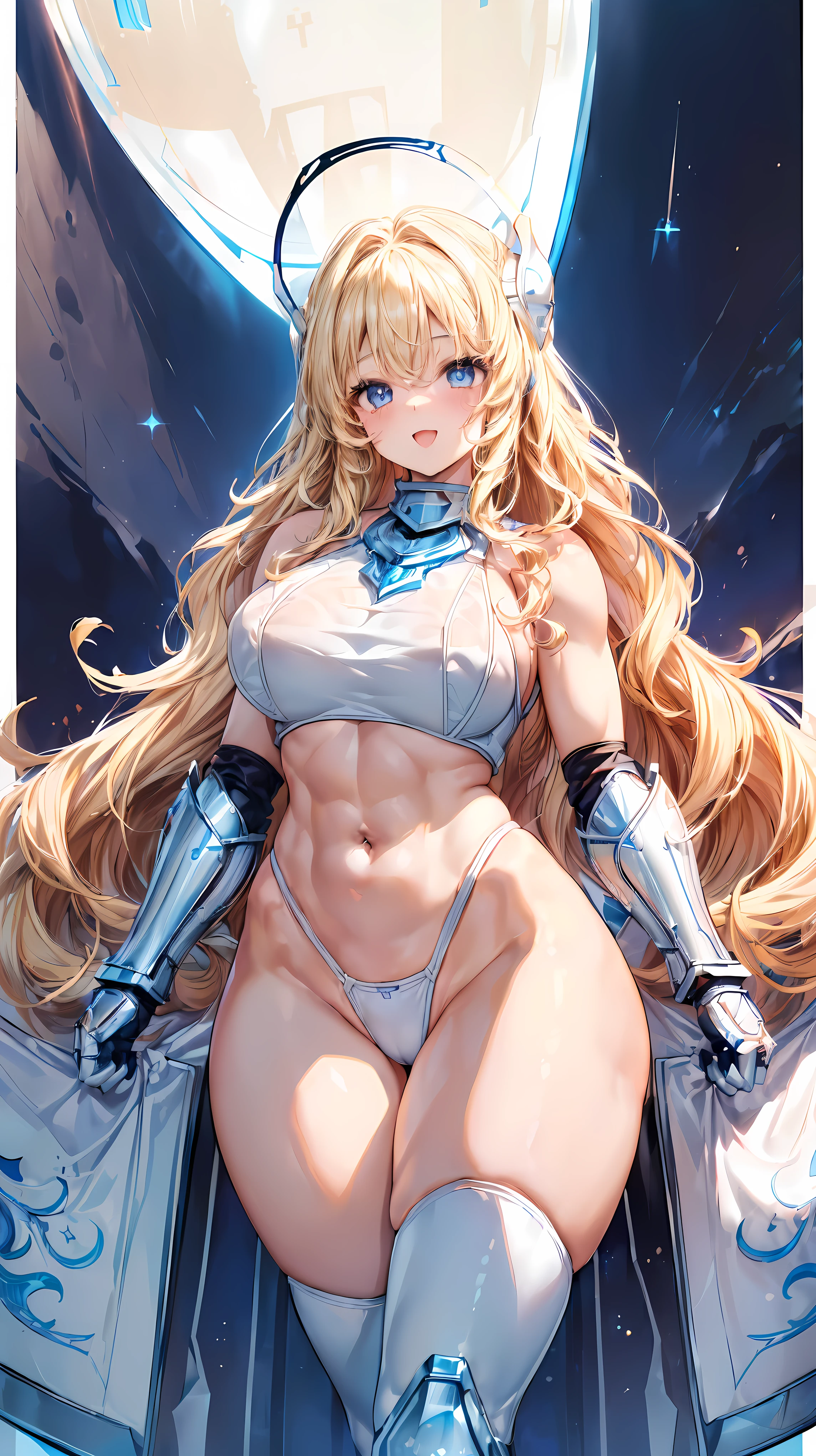 (Adult female:1.5)、Very detailed、highest quality、Best image quality、masterpiece、8k、Anime Face、A kind smile、(Open your mouth:1.3)、Sparkling blue eyes、(Blonde Wavy Hair:1.5)、Muscles of the whole body、(highleg:1.5)、Thigh belt、(Wearing white bikini armor:1.5)、(Cowboy Shot:1.5)、(foot armor:1.5)、(Put on a helmet:1.5)、(SFW Giant:1.3)